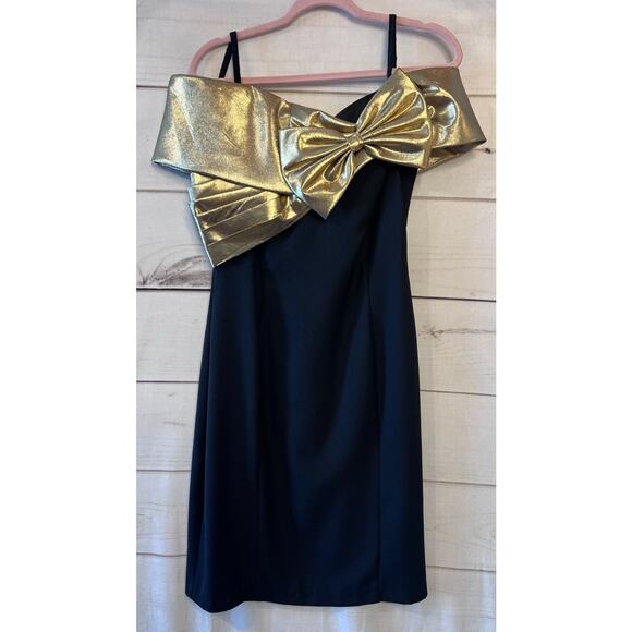 80's Prom Dress Late Edition LTD Vintage Black with Gold Bow GUC Size 10 - Picture 1 of 6